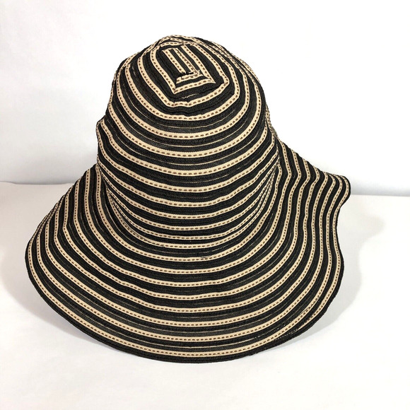 Women's Paper Sun Hat Black Tan 4 inch Movable Brim Pool Beach Garden Summer - Picture 5 of 10